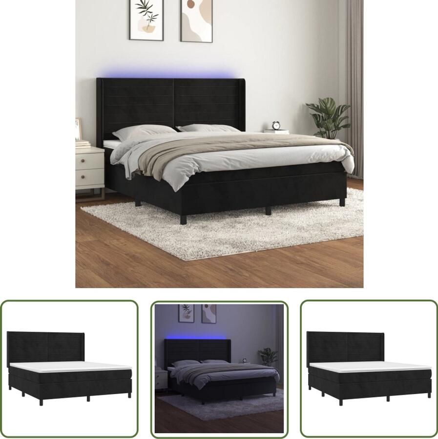 VidaXL Boxspring LED Fluweel Zwart 180x200 cm Boxspring Bed Slaapcomfort Velvet Bed Led Lamp Pocketed Spring Mattress King Size Bed Groot Tweepersoonsbed