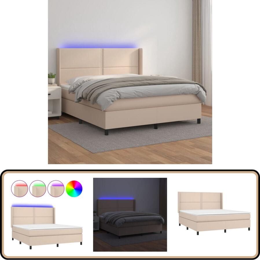 VidaXL Boxspring LED Kunstleer Cappuccino 160x200cm Boxspring Led Lamp Kapstok Bruine Boxspring Kunstleder Bed