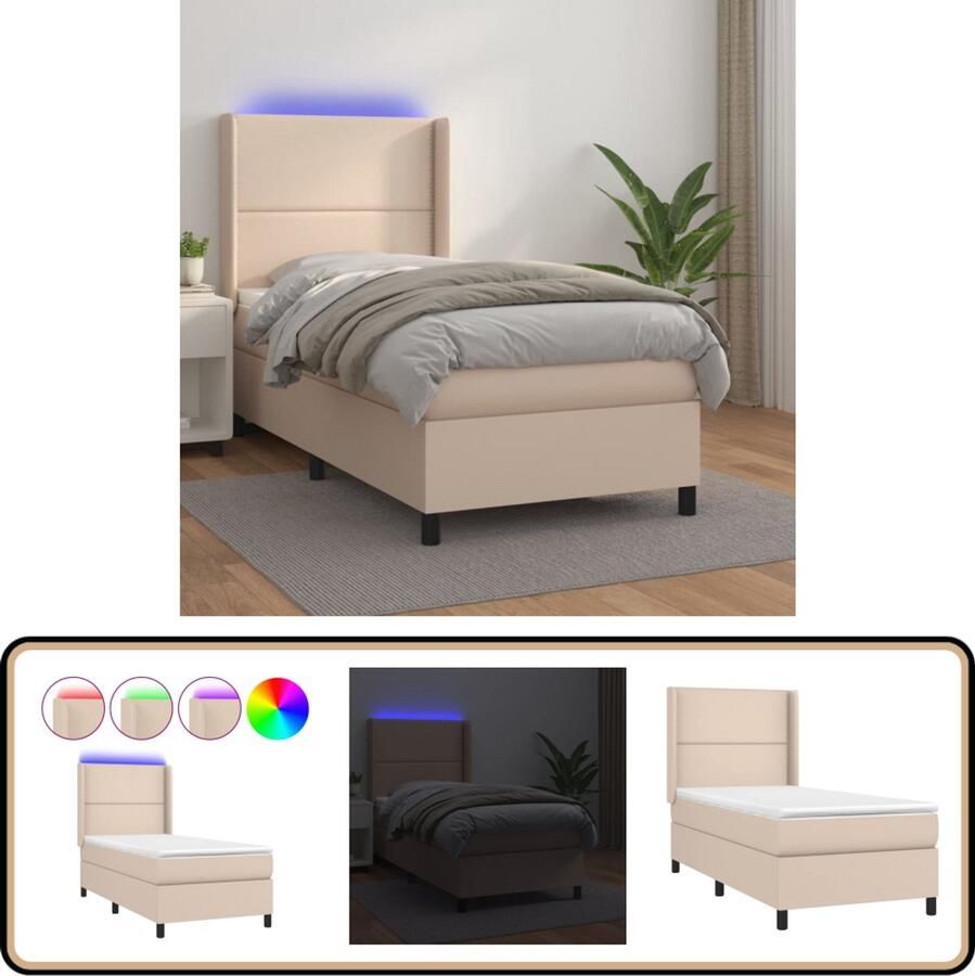 VidaXL Boxspring LED Kunstleer Cappuccino 80x200 cm Boxspring Led Lamp Bruine Boxspring Slaapcomfort Adjustable Headboard Kunstleder Pocketed Spring Mattress