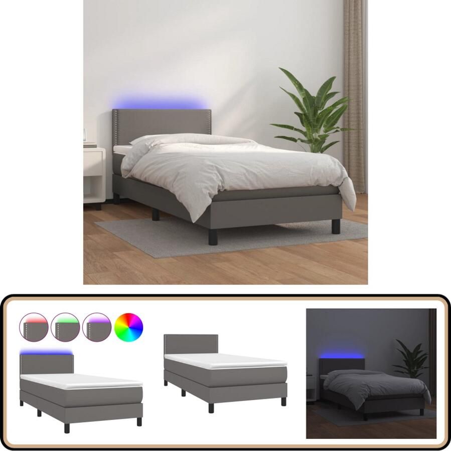 VidaXL Boxspring LED Kunstleer Grijs 90x190 cm Boxspring Led Boxspring Kunstleder Bed Tweepersoons Bed Groot Formaat Bed Slaapcomfort Bedroom Furniture Moderne Slaapkamer