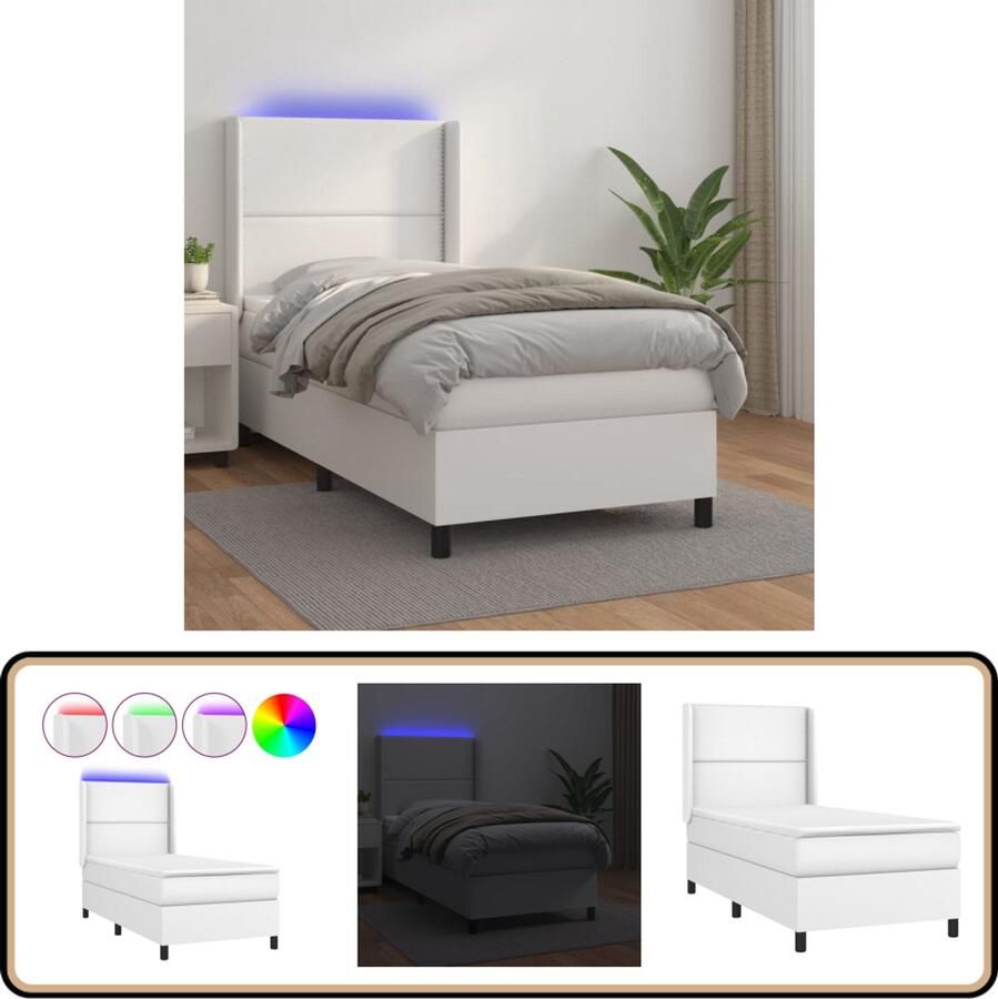 VidaXL Boxspring LED Kunstleer Wit 100x200 cm Boxspring Bed Led Bed Kunstleder Bed Tweepersoons Bed Slaapcomfort