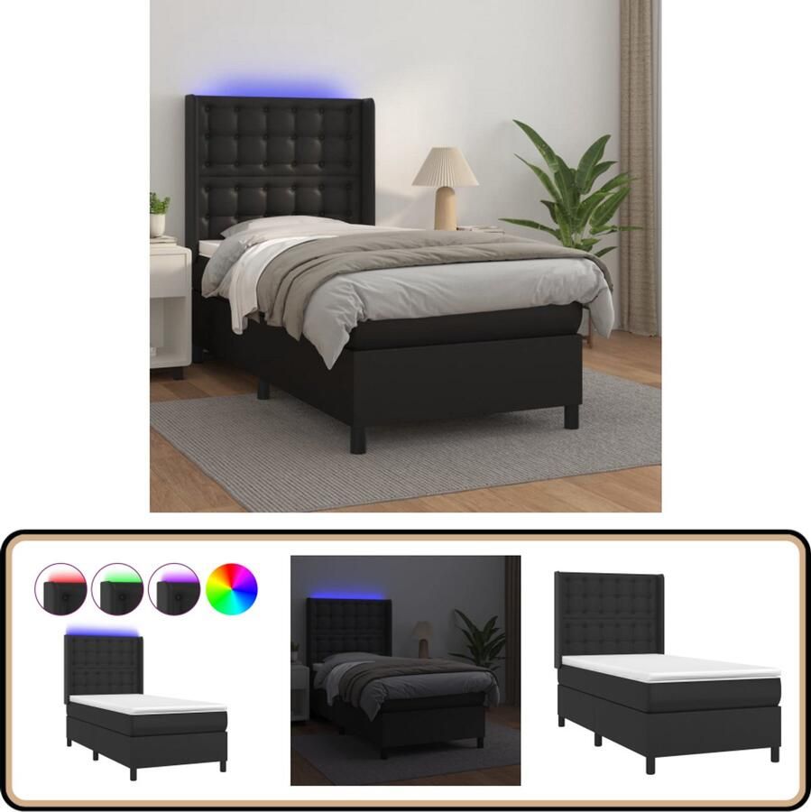 VidaXL Boxspring LED Kunstleer Zwart 90x190 cm Boxspring Bed Led Boxspring Kunstleder Bed Pocketed Spring Mattress Hoofdbord