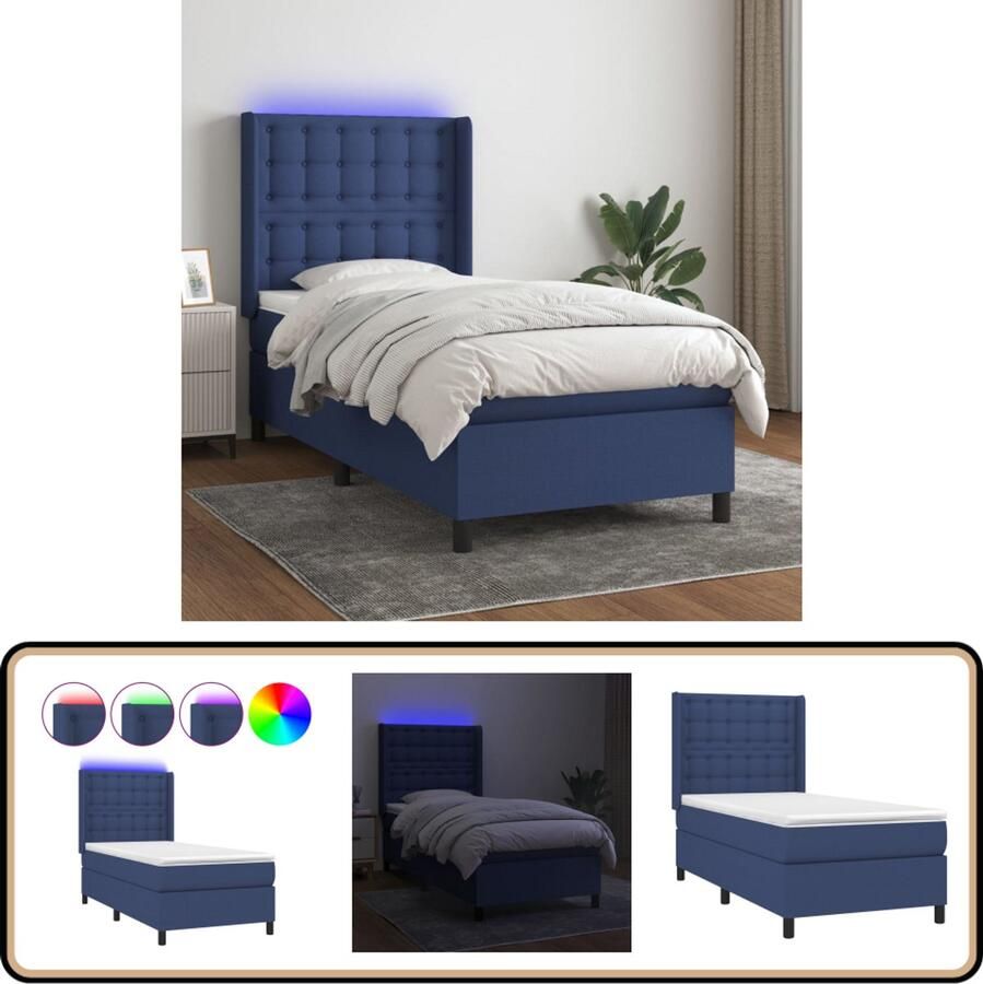 VidaXL Boxspring LED Stof Blauw 100x200 cm Inclusief Matras Boxspring Slaapcomfort Led Lamp Pocketed Spring Mattress Blauwe Boxspring Tweepersoons Bed Frame Bed Hoofdbord Slaapkamers
