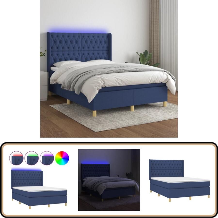 VidaXL Boxspring LED Stof Blauw 140x200 cm Boxspring Bed Led Bed Slaapcomfort Pocketveer Matras Blauwe Boxspring