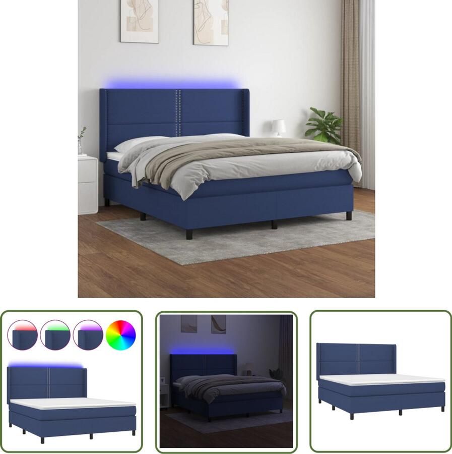 VidaXL Boxspring LED Stof Blauw 180x200 cm Boxspring Boxsprings Bed Frame Led Lamp Slaapcomfort Pocketed Spring Mattress Adjustable Headboard Blauwe Boxspring