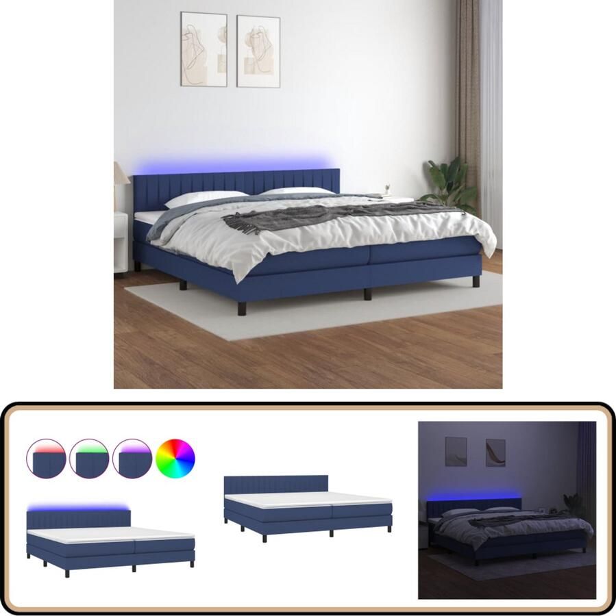 VidaXL Boxspring LED Stof Blauw 200x200 cm Boxspring Bed Led Lamp Slaapcomfort Pocketvering Blauwe Boxspring