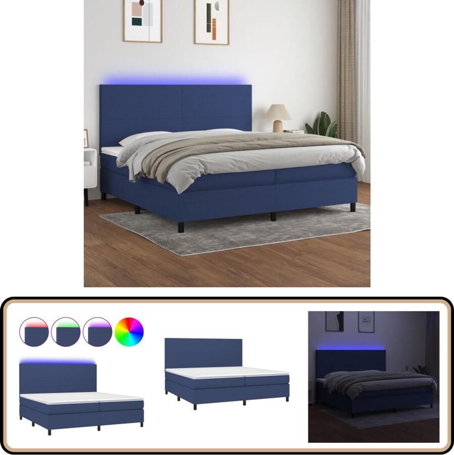 VidaXL Boxspring LED Stof Blauw 200x200 cm Boxspring Led Bed Blauwe Boxspring Met Led Slaapcomfort