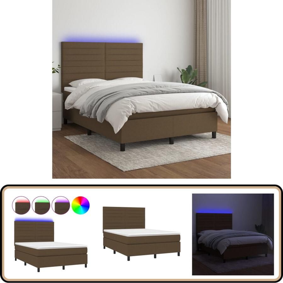 VidaXL Boxspring LED Stof Donkerbruin 140x190 cm Boxspring Bed Donkere Bruine Boxspring Led Lampen Bed Verstelbare Hoofdbord Pocketveer Matras