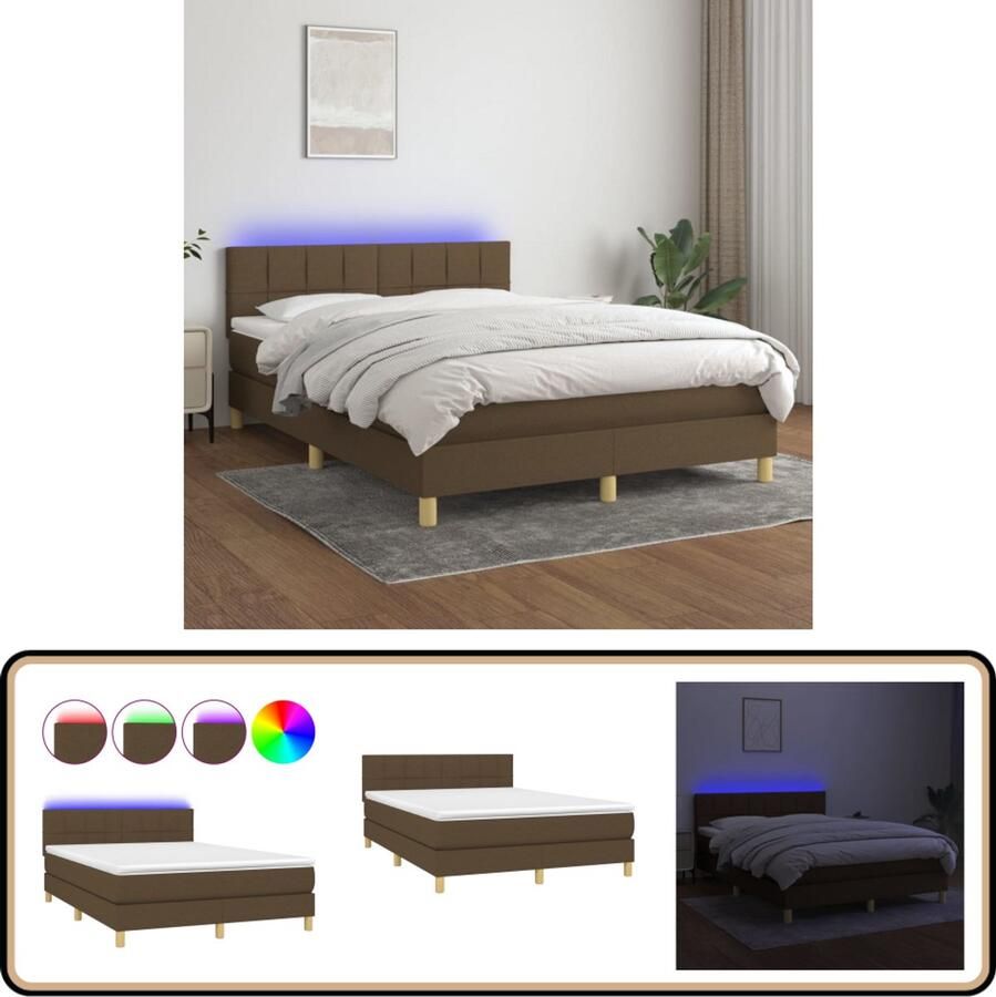 VidaXL Boxspring LED Stof Donkerbruin 140x190 cm Boxspring Bed Frame Lederlook Led Lamp Tweepersoonsbed