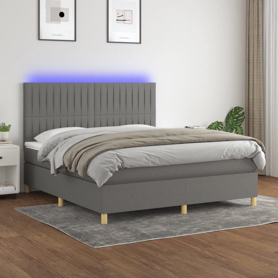 VidaXL Boxspring LED Stof Donkergrijs 180x200 cm Boxspring Donkere Kleuren Led Lampen Pocketed Veren Hoofdbord Slaapcomfort Bedroom Decor - Foto 2