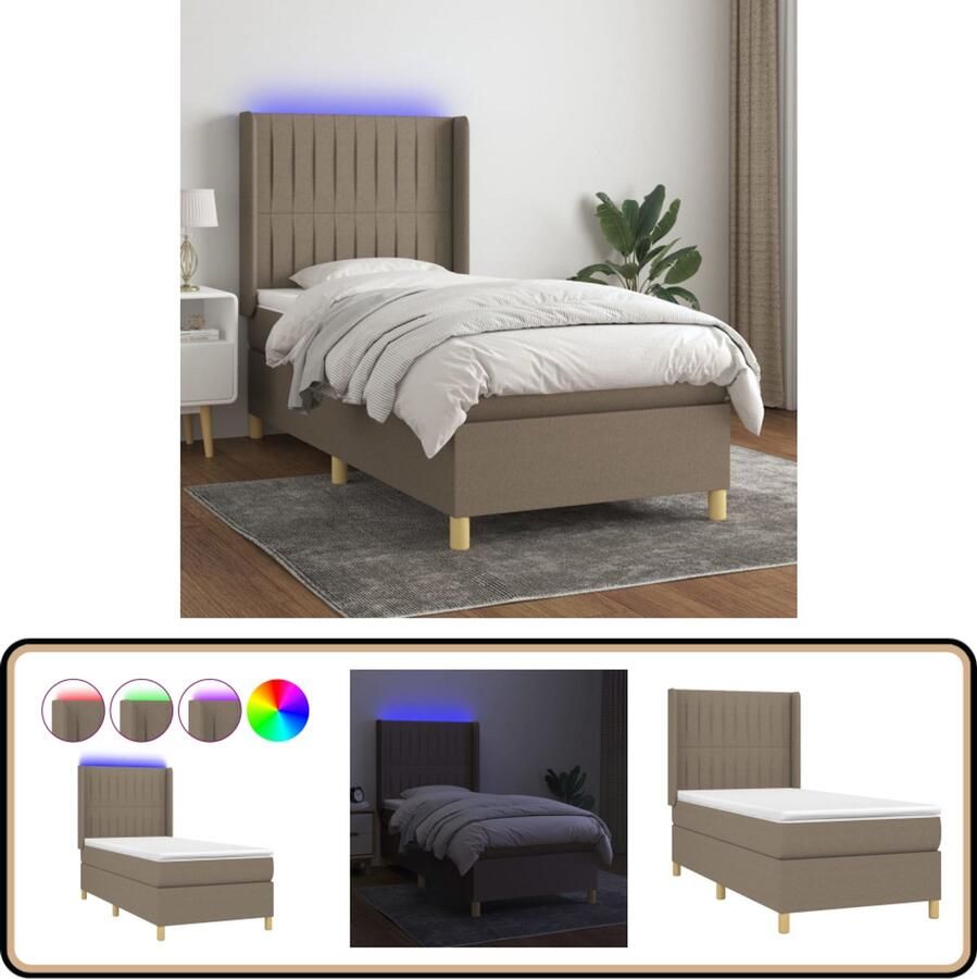VidaXL Boxspring LED Stof Taupe 100x200 cm Boxspring Led Bed Pocketveer Matras Slaapcomfort Hoofdbord Taupec