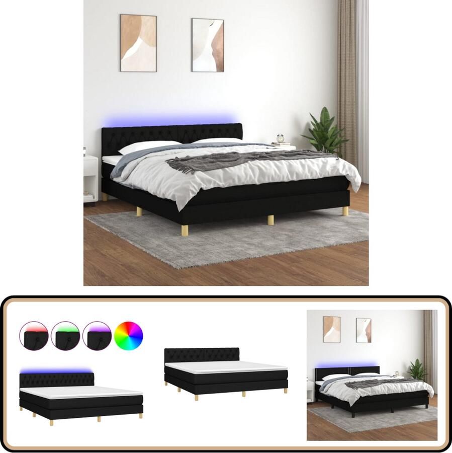 VidaXL Boxspring LED Stof Zwart 160x200 cm Boxspring Bed Frame Hoofdbord Led Lamp Pocketveer Matras Slaapcomfort