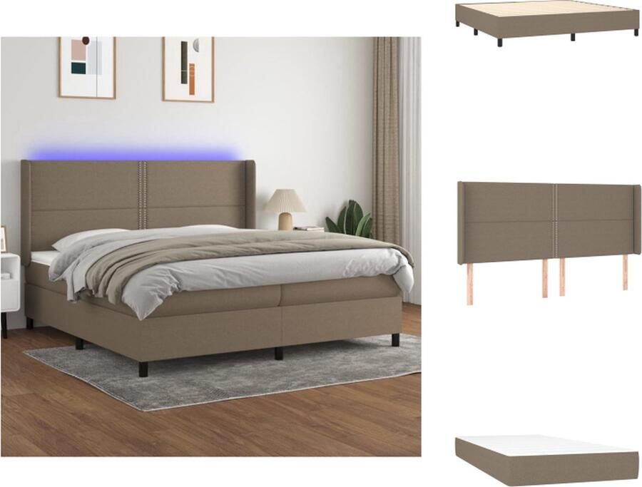 VidaXL Boxspring met matras en LED 203 x 203 cm Taupe stof Hoogte verstelbaar hoofdbord Pocketvering matras Huidvriendelijk topmatras Kleurrijke LED-verlichting Duurzaam materiaal USB-aansluiting Bed - Foto 3