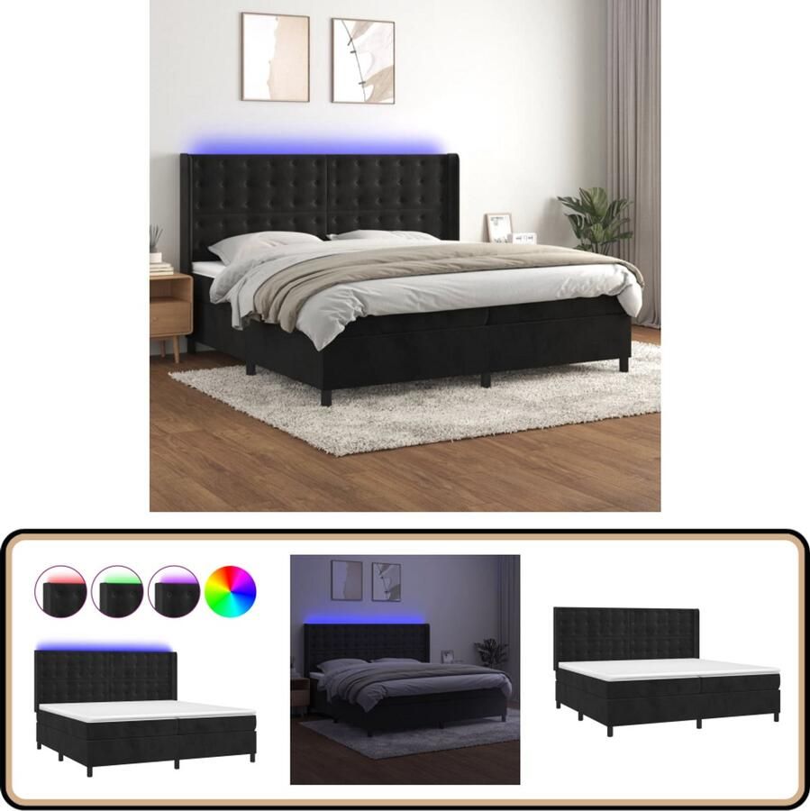 VidaXL Boxspring LED Zwart Fluweel 200x200 cm Boxspring Tweepersoons Bed Velvet Bed Led Lampen Elektrisch Hoofdbord Pocketed Spring Mattress