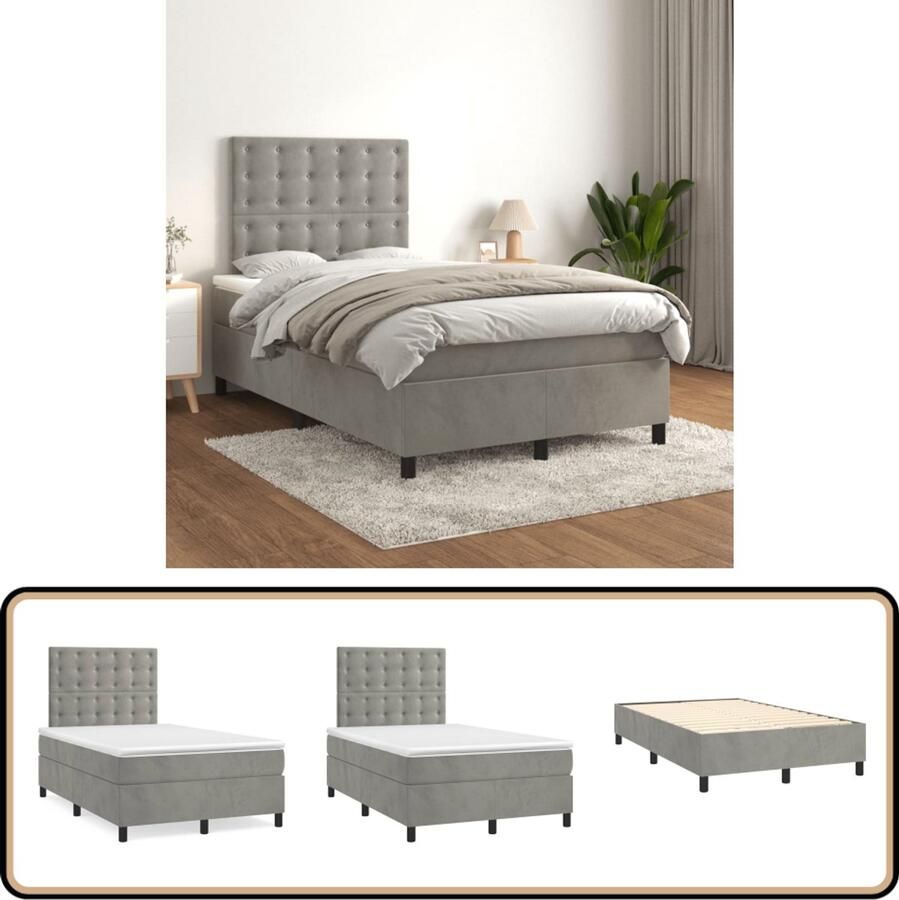 VidaXL Boxspring Lichtgrijs 120x200 cm Boxspringbed Fluweel Bed Boxspring Tweepersoons Bed King Size Bed Zachte Bedding Hoofdbord Pocketveer Matras Middelhard Matras