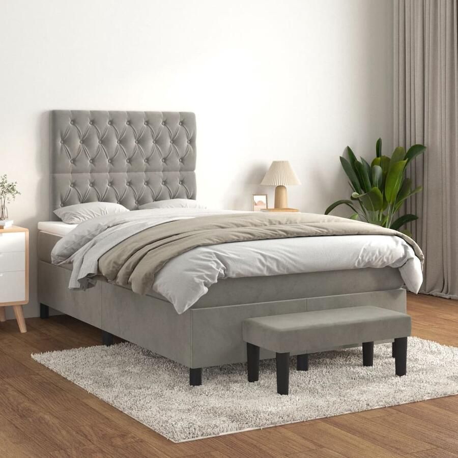 VidaXL Boxspring lichtgrijs 120x200 cm Inclusief matras Boxspringbed Slaapcomfort Velvet Tweepersoonsbed Stapelbare Bedden Hoofdbord Pocketvering Middenhard - Foto 2