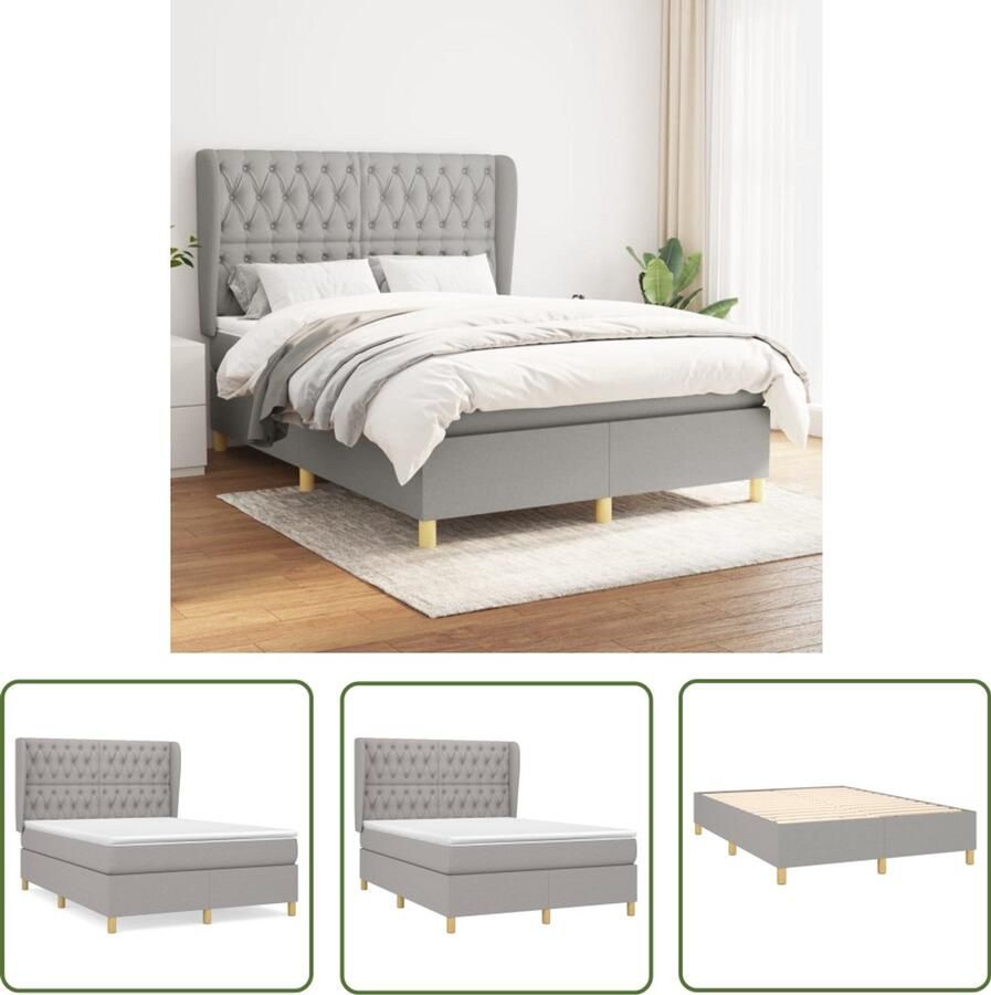 VidaXL Boxspring Lichtgrijs 140x190 cm Inclusief Matras Boxspringbed Pocketvering Slaapcomfort Verstelbare Hoofdbord Licht Grijs Stof