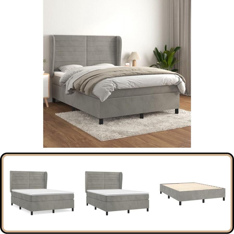 VidaXL Boxspring Lichtgrijs 140x190 cm Inclusief Matras Boxspringbed Slaapcomfort Velvet Bed Tweepersoonsbed King Size Bed Luxe Bed Boxspring Frame Hoofdbord Pocketveer Matras