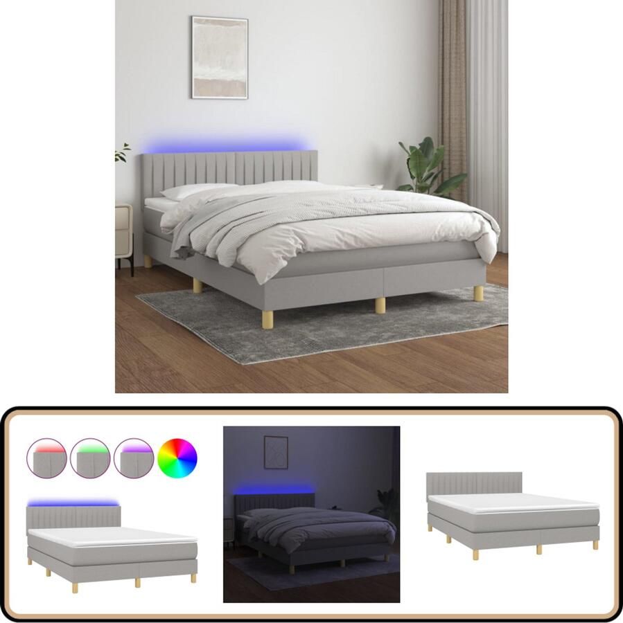 VidaXL Boxspring Lichtgrijs 140x190 cm Met LED Boxspring Led Bed Slaapcomfort Pocketed Spring Mattress Frame Bed Hoofdbord Grijs Bed Tweepersoonsbed