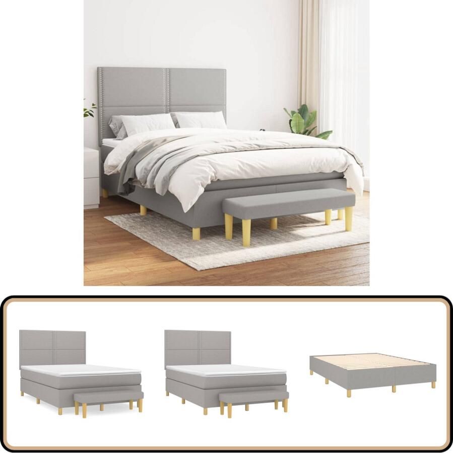 VidaXL Boxspring Lichtgrijs 140x200 cm Inclusief Matras Boxspringbed Boxsprings Slaapkamerinrichting Tweepersoonsbed Grijs Bed Met Hoofdbord Pocketed Veren Matras Middenhard Matras