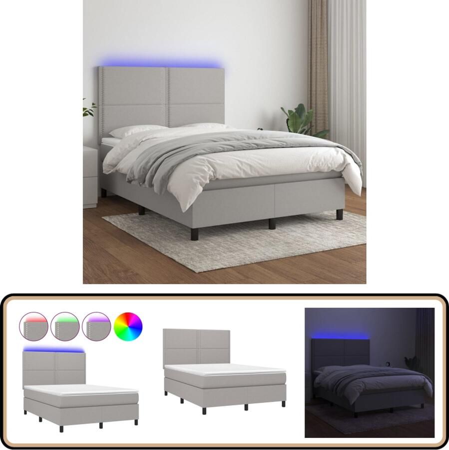 VidaXL Boxspring Lichtgrijs 140x200 cm LED Boxspring Bed Led Lamp Pocketveer Matras Hoofdbord Slaapcomfort Bedroom Furniture
