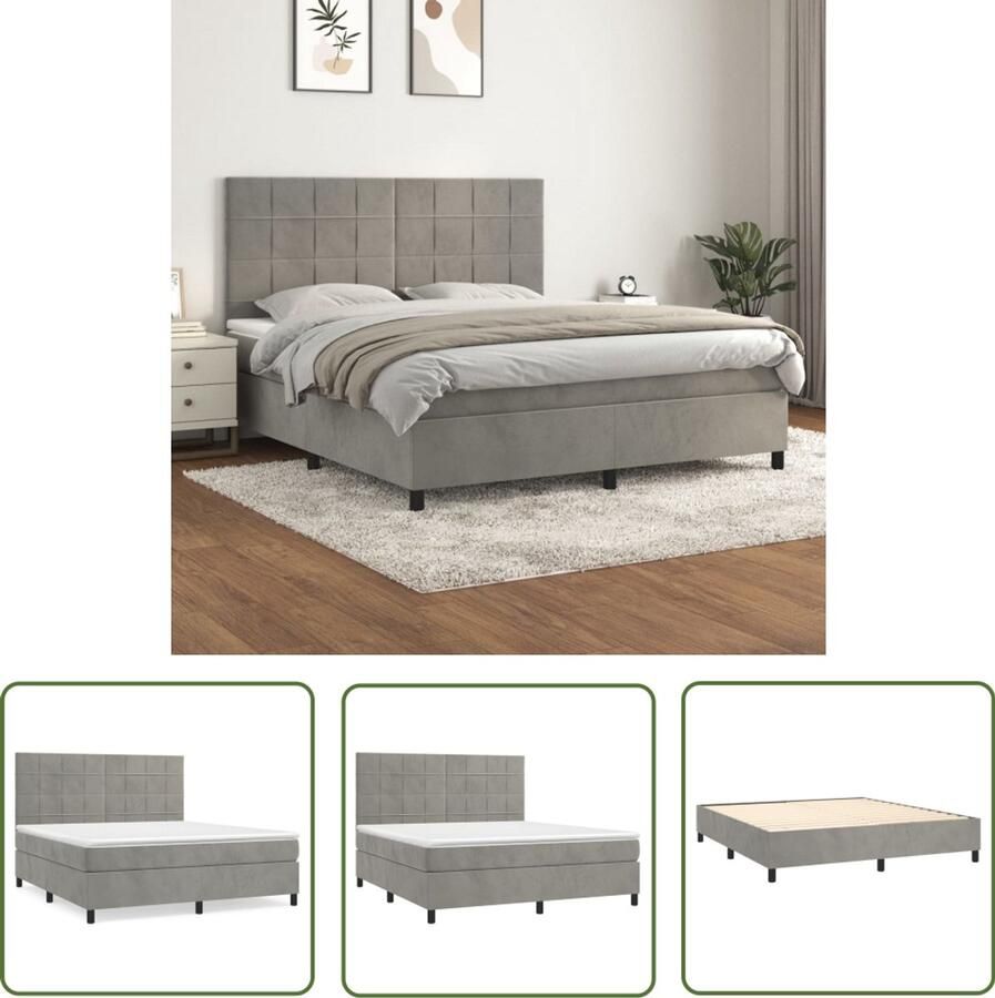 VidaXL Boxspring Lichtgrijs 160x200 cm Boxspringbed Fluweel Bed Boxspring Tweepersoonsbed Hoofdbord Pocketveer Matras Middenhard Matras Grijs Bed