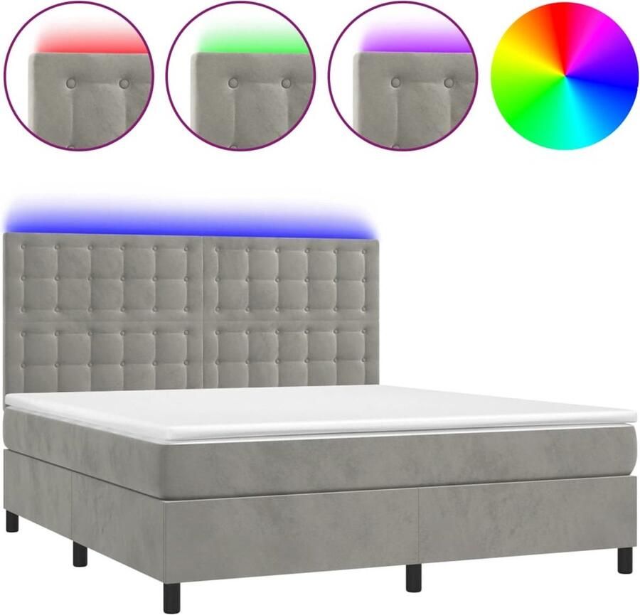 VidaXL Boxspring Lichtgrijs 160x200 cm Inclusief LED Boxspring Led Bed Fluweel Bed Tweepersoons Bed King Size Bed
