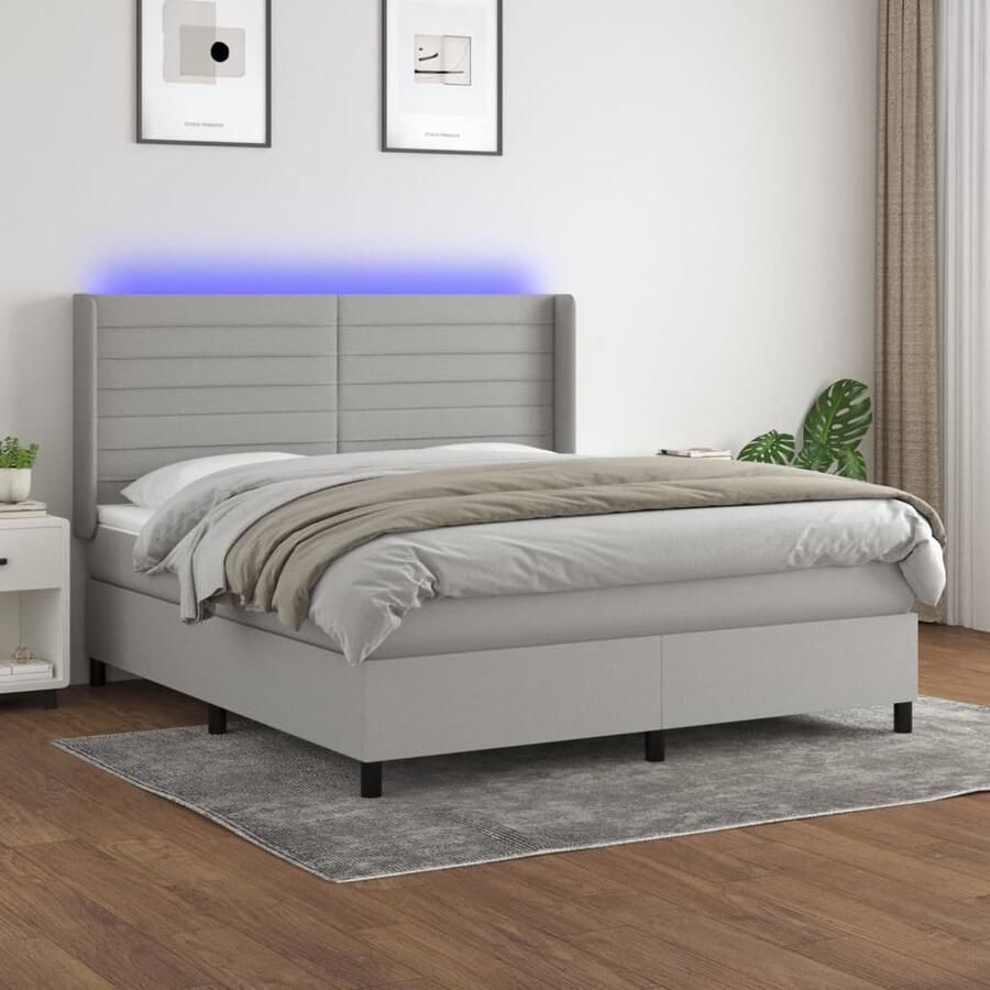 VidaXL Boxspring Lichtgrijs 160x200 cm Inclusief LED Boxspring Led Bed Verstelbare Hoofdbord Pocketed Spring Mattress Slaapcomfort Design Bed Grijs Bed Tweepersoons Bed - Foto 2