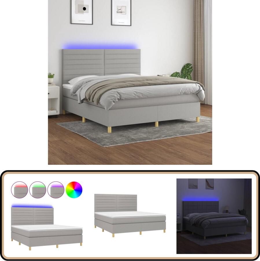 VidaXL Boxspring Lichtgrijs 160x200 cm Inclusief LED Boxspring Led Boxspring Grijs Slaapcomfort Pocketed Veren Matras Adjustable Headboard Slaapkamers