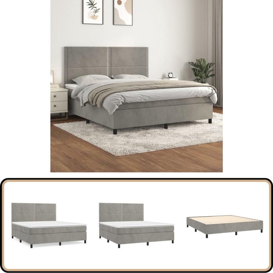 VidaXL Boxspring Fluweel Lichtgrijs 160x200 cm Boxspringbed Slaapcomfort Velvet Bed Tweepersoonsbed Groot Bed Grijs Bed Stapelbare Bedden