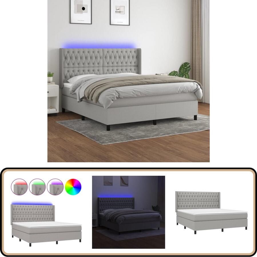 VidaXL Boxspring Lichtgrijs 180x200 cm Inclusief LED Boxspring Led Lamp Slaapcomfort Pocketed Spring Mattress Adjustable Headboard