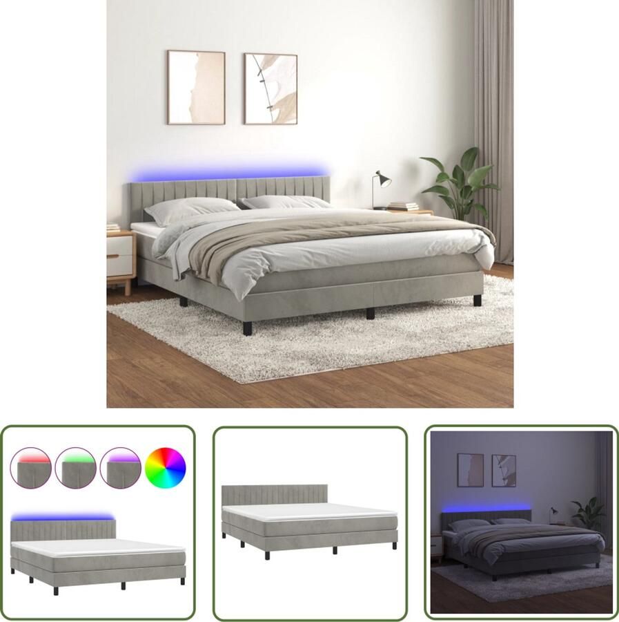 VidaXL Boxspring Lichtgrijs 180x200 cm LED Boxspring Fluweel Bed Led Bed Tweepersoons Bed King Size Bed Slaapcomfort Luxe Bed Design Bed Bedroom Furniture