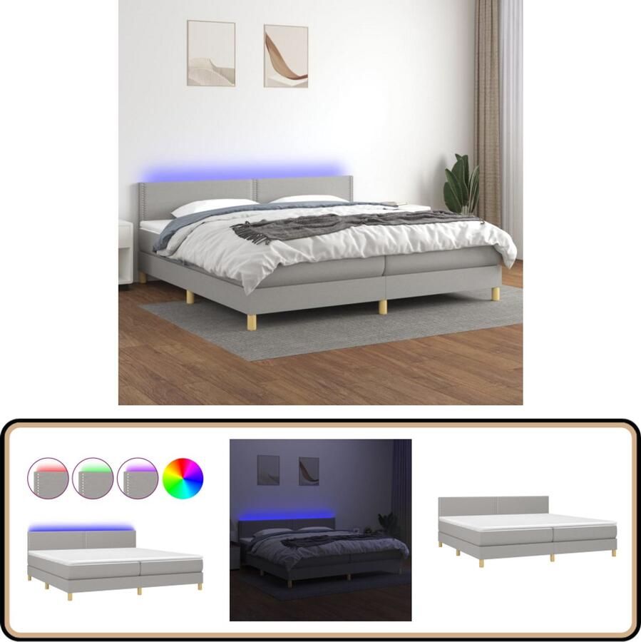 VidaXL Boxspring Lichtgrijs 200x200 cm Inclusief LED Boxspring Led Lamp Verstelbare Hoofdbord Pocketing Matras Grijs