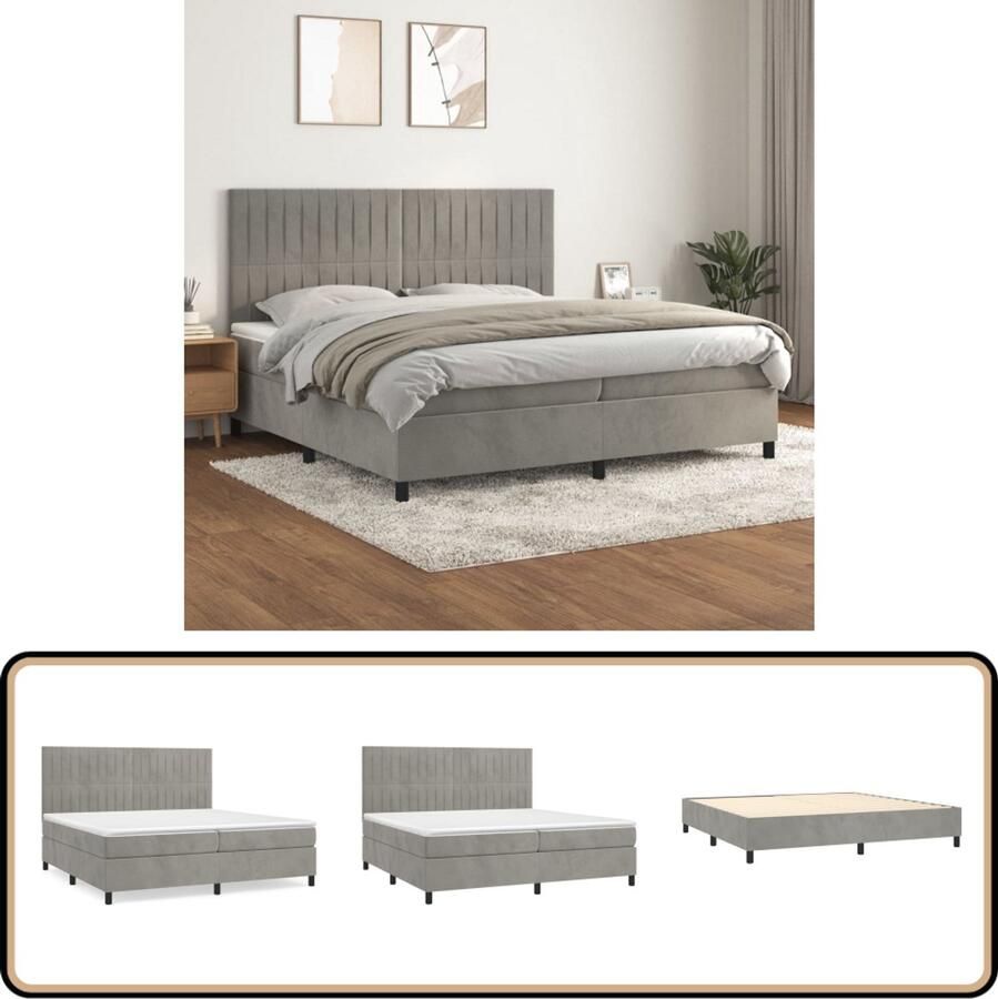 VidaXL Boxspring Lichtgrijs 200x200 cm Inclusief matras Boxspringbed Velvet Bed Tweepersoonsbed King Size Bed Slaapkamer Meubilair
