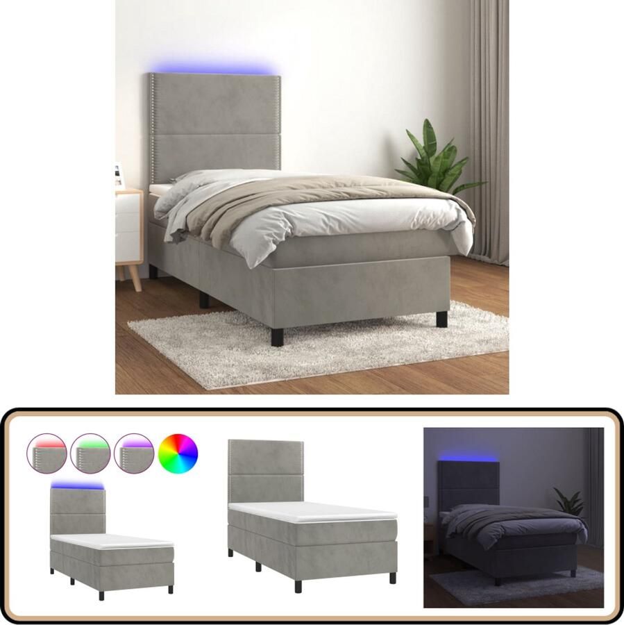 VidaXL Boxspring Lichtgrijs 90x190 cm Inclusief LED Boxspring Led Bed Velvet Bed Tweepersoons Bed Hoofdbord Verstellen Pocketed Spring Mattress Luxe Bed