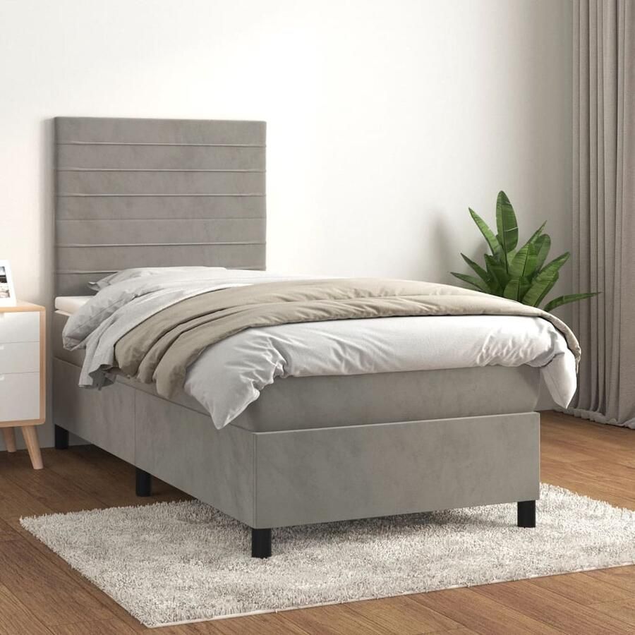 VidaXL Boxspring Lichtgrijs 90x190 cm Inclusief Matras Boxspringbed Fluweel Bed Pocketveer Matras Middelhard Matras Grijs Bed - Foto 2