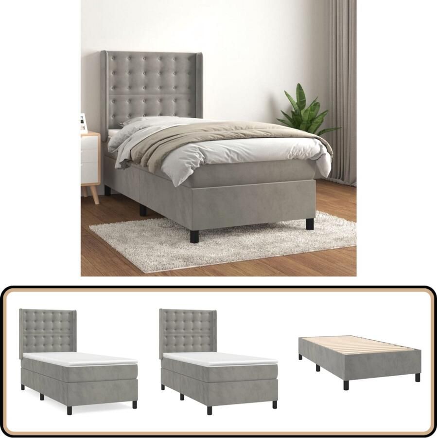 VidaXL Boxspring Lichtgrijs 90x200 cm Inclusief Matras Boxspringbed Luxe Bed Frame Fluweel Pocketvering Matras Slaapcomfort