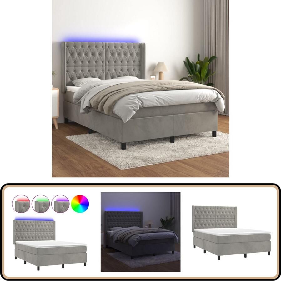 VidaXL Boxspring Lichtgrijs Fluweel 140x200 cm Boxspring Bed Fluweel Bed Verstelbare Hoofdbord Led Lamp Pocketveer Matras Huidgevend Topmatras