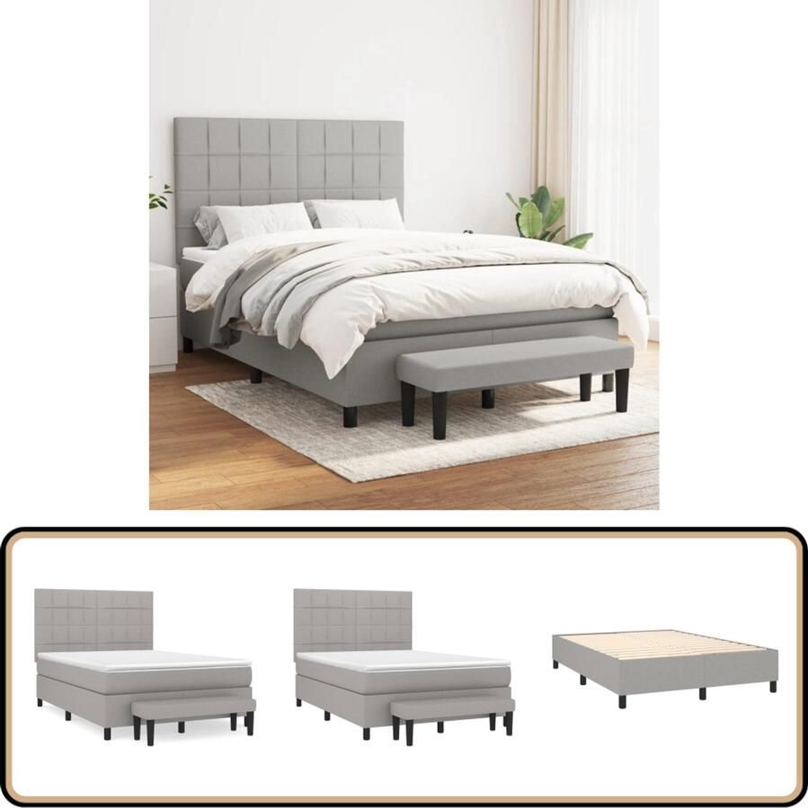 VidaXL Boxspring Lichtgrijs Inclusief Matras 140x190 cm Boxspring Bed Slaapcomfort Boxspring Frame Tweepersoons Bed Grijs Bed Pocketed Spring Mattress Adjustable Headboard Storage Bench