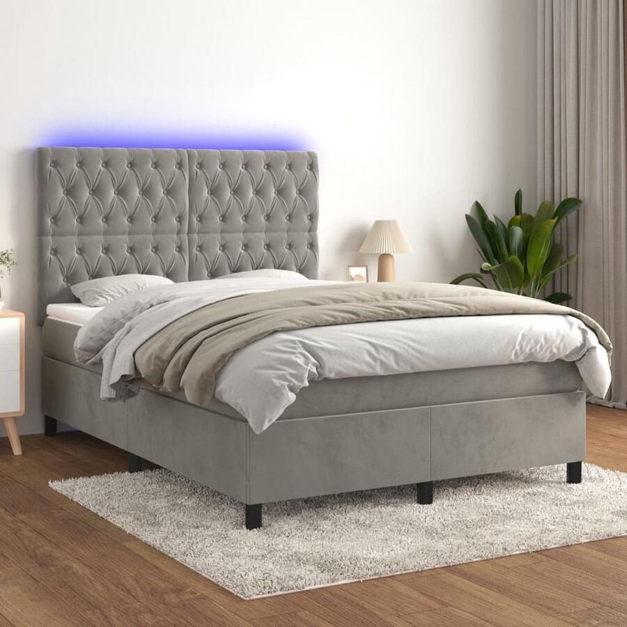 VidaXL Boxspring Lichtgrijs Inclusief Matras 140x190 cm Boxspring Slaapcomfort Led Lamp Velvet Bed Tweepersoonsbed King Size Bed Luxe Bed Slaapkamers - Foto 2