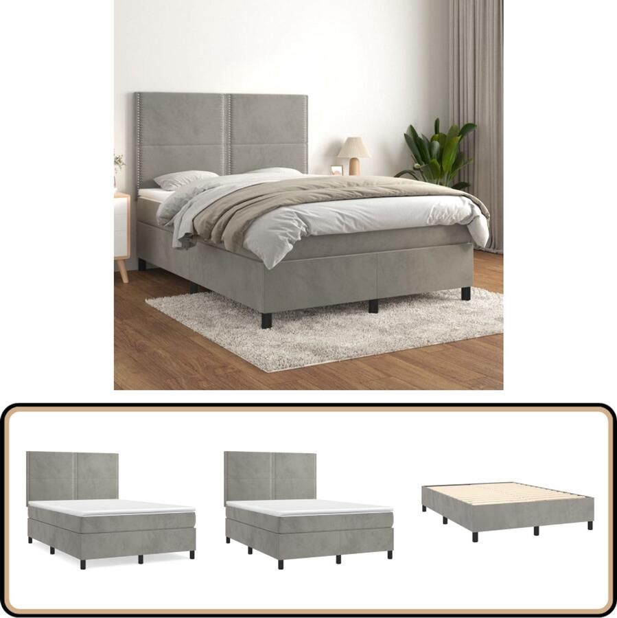 VidaXL Boxspring Lichtgrijs Inclusief Matras 140x190 cm Boxspringbed Fluweel Bed Pocketveer Matras Middenhard Matras Grijs Bed Slaapkamer Meubilair