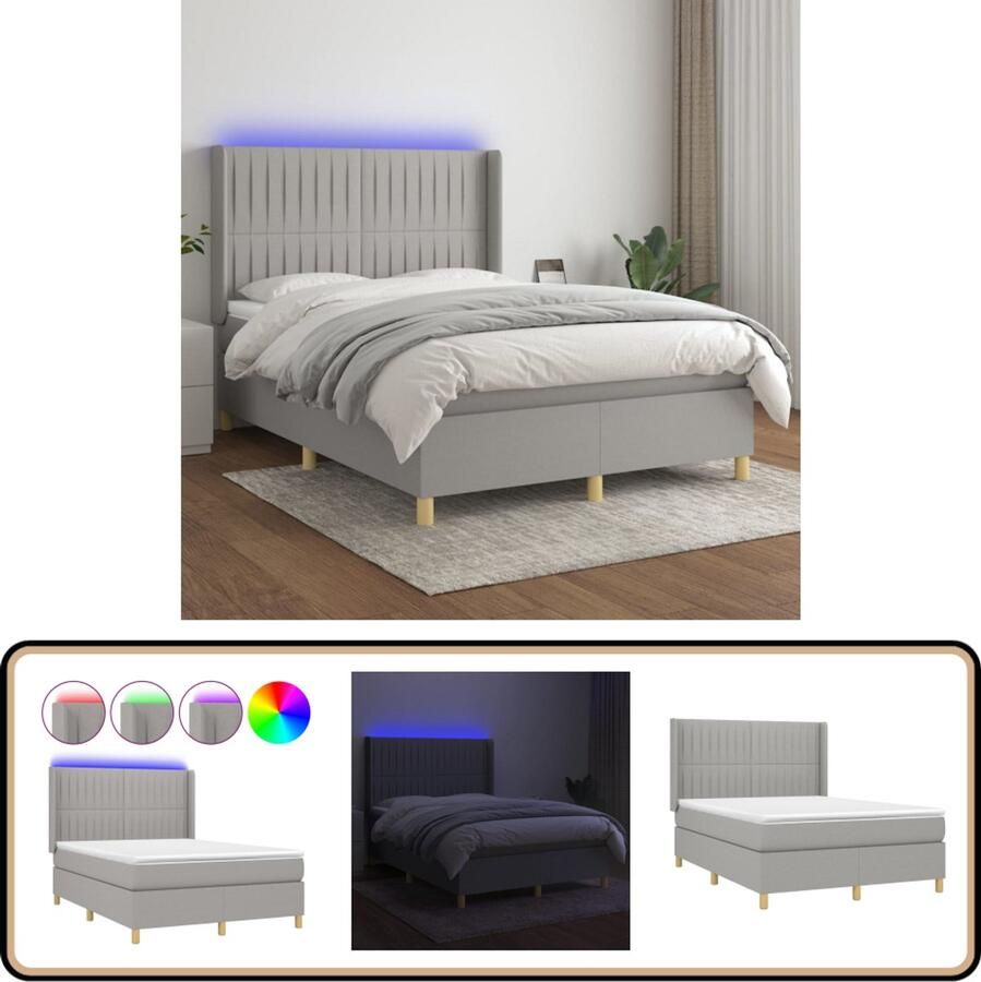 VidaXL Boxspring Lichtgrijs Inclusief Matras 140x190cm Boxspring Led Boxspring Grijs Slaapcomfort Pocketed Veren Lederlook Slaapbank