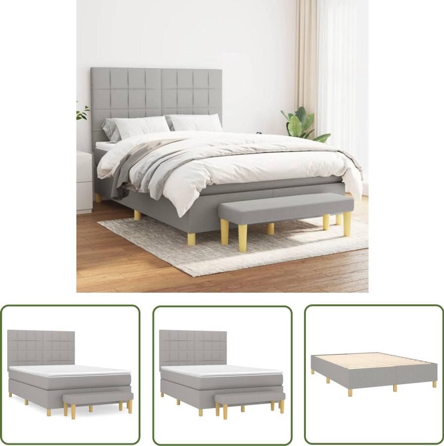 VidaXL Boxspring Lichtgrijs Inclusief Matras 140x200 cm Boxspringbed Pocketvering Verstelbare Hoofdbord Licht Grijs Wit Slaapcomfort Duurzame Materialen Comfortabel Bed Bedroom Furniture