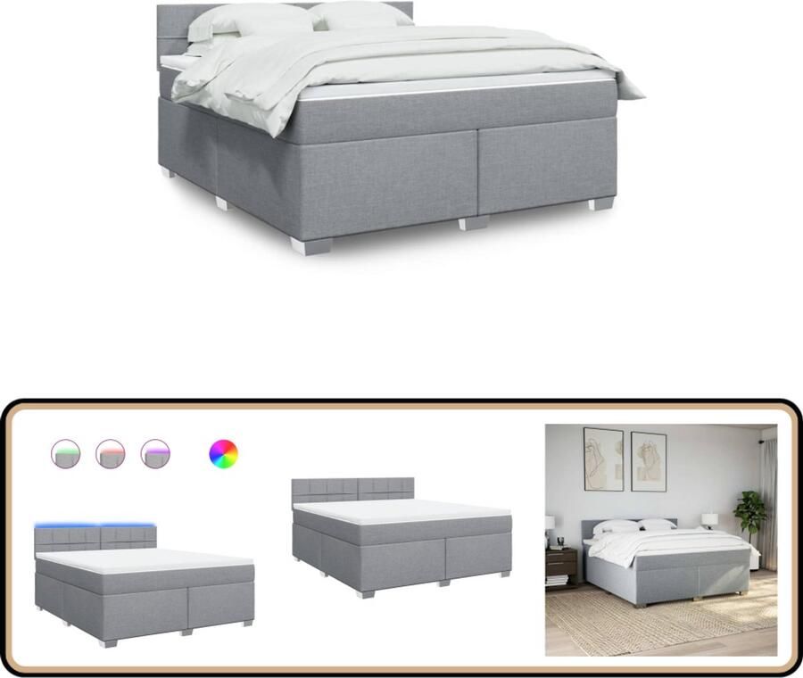 VidaXL Boxspring Lichtgrijs Inclusief Matras 180x200 cm Boxspring Slaapcomfort Led Verlichting Matras Topper