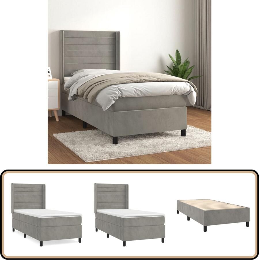 VidaXL Boxspring Lichtgrijs Inclusief Matras 90x190 cm Boxspringbed Luxe Bed Fluweel Bed Pocketvering Matras Middelharde Matras