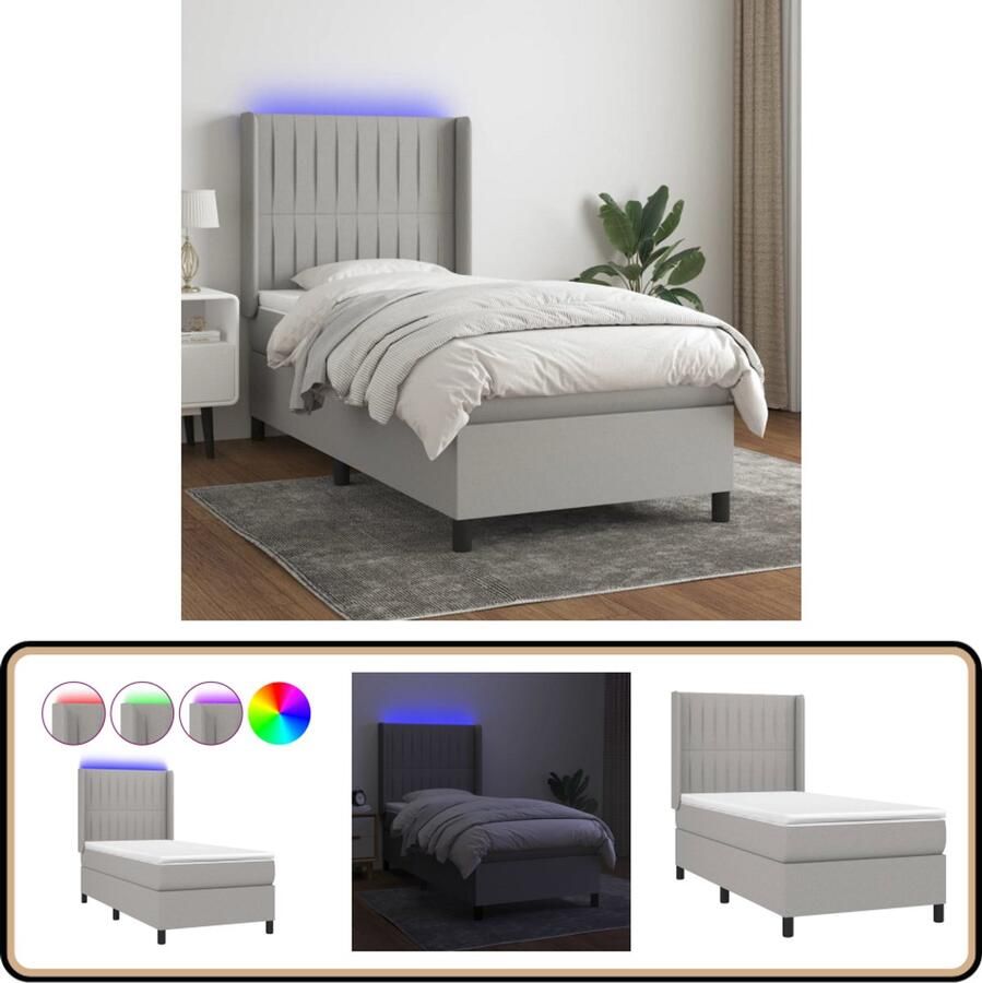VidaXL Boxspring Lichtgrijs Inclusief Matras en LED Boxspring Bed Led Bed Pocketed Spring Mattress Adjustable Headboard Grijs Bed