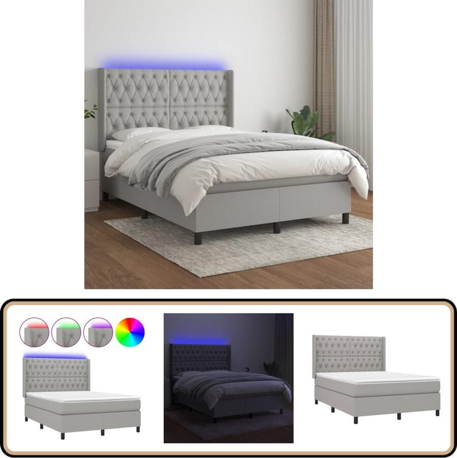 VidaXL Boxspring Lichtgrijs Inclusief Matras & LED Boxspring Bed Led Verlichting Pocketvering Matras Huidgevend Topmatras Grijs Bed Slaapcomfort Slaapkamers