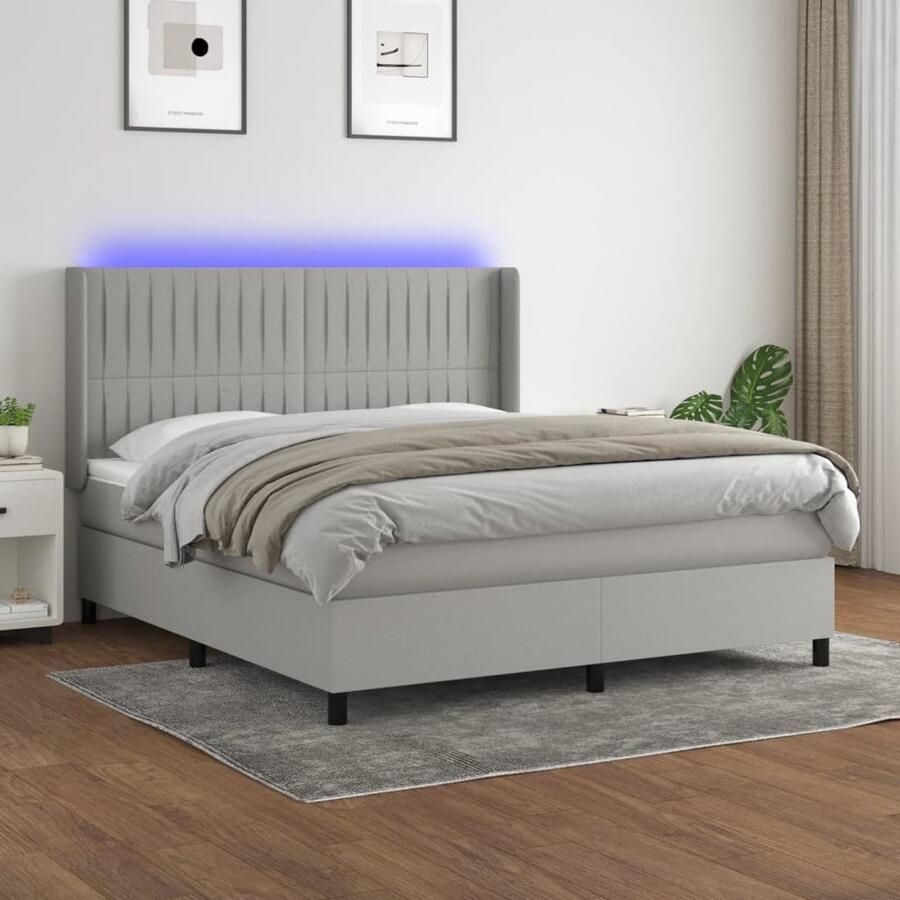 VidaXL Boxspring Lichtgrijs Inclusief Matras & LED Boxspring Led Bed Slaapcomfort Pocketed Spring Mattress Adjustable Headboard Grijs Bed Bedroom Furniture - Foto 2