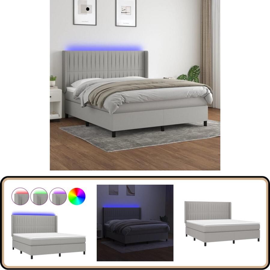 VidaXL Boxspring Lichtgrijs Inclusief Matras & LED Boxspring Led Bed Slaapcomfort Pocketed Spring Mattress Adjustable Headboard Grijs Bed Bedroom Furniture