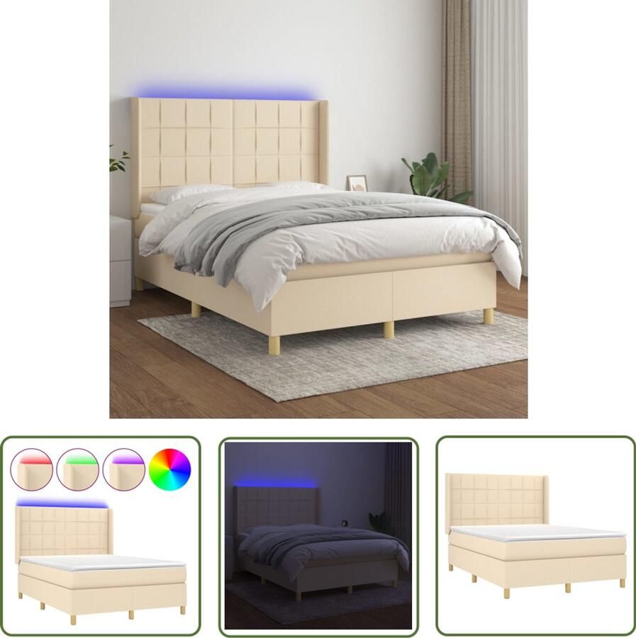 VidaXL Boxspring Matras en LED 140x200 cm crème Boxspring Led Boxspring Pocketed Spring Mattress Creme Boxspring Tweepersoons Boxspring Frame Bedroom Furniture - Foto 2